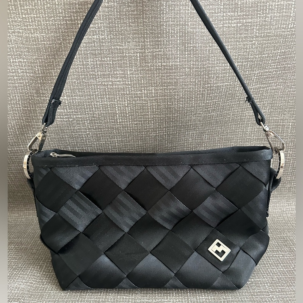 Maggie Bags Upcycled Seatbelt Shoulder‎ Bag Black Woven Eco-Friendly Handbag